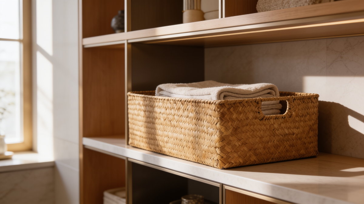 Woven wicker storage basket on an open display shelf with towels inside
