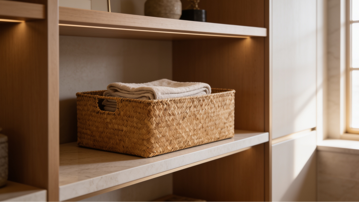 Close view of the woven wicker basket holding its rectangular shape on a shelf