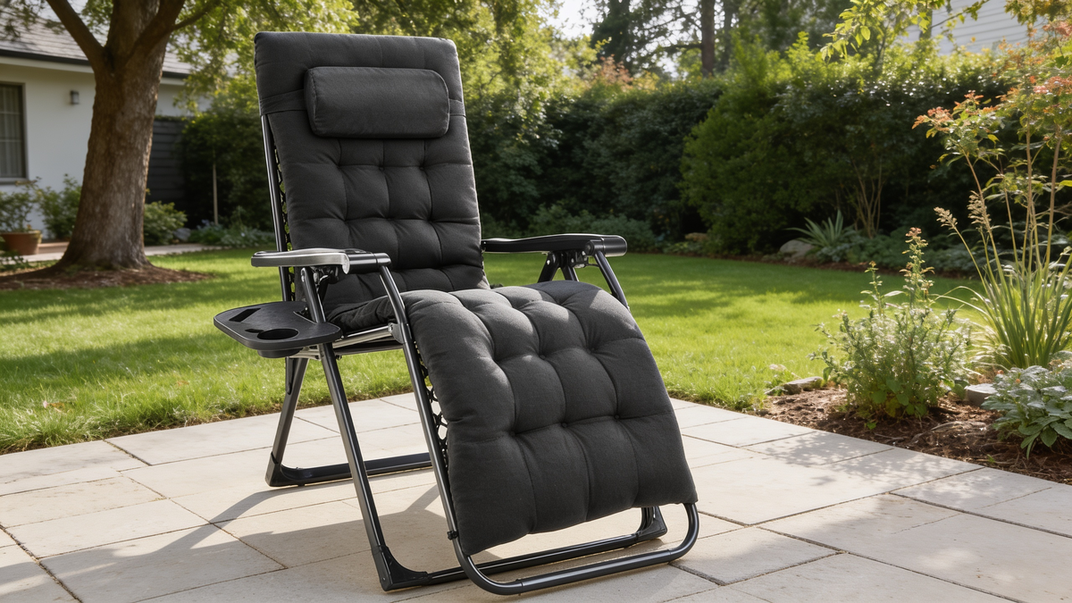 Zero gravity recliner locked at a deep angle on a lawn
