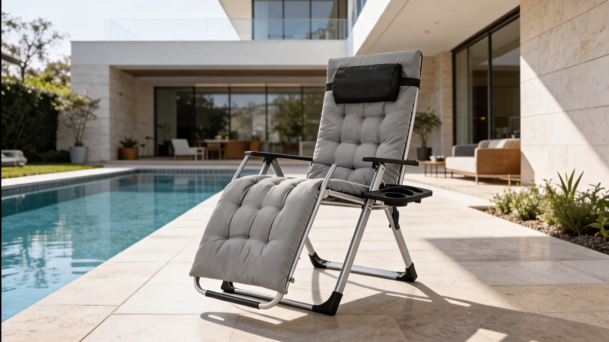 Removable padded cushion and adjustable pillow on a folding zero gravity recliner