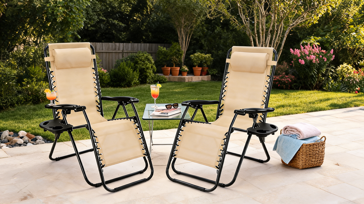 Textilene zero gravity recliner locked into a reclined position with a padded headrest