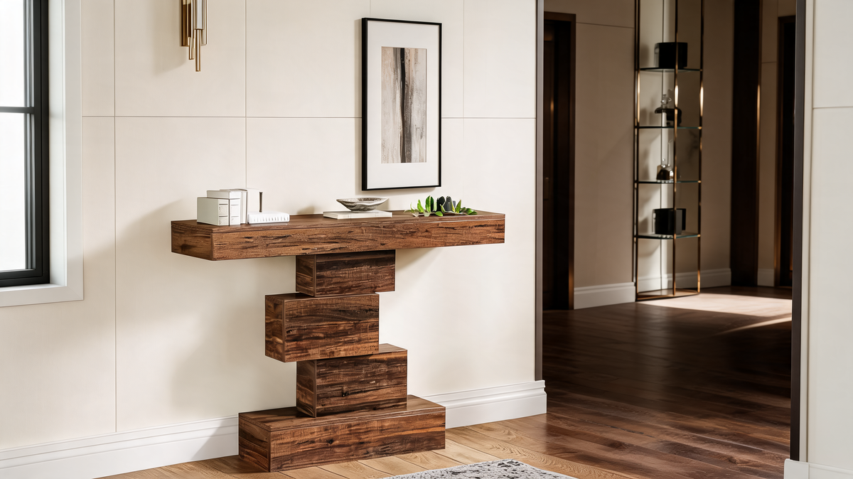 Zigzag stack console table set against a paneled entryway wall with a framed print above