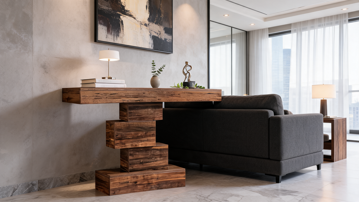 Console table standing behind a dark sofa in a bright living room with tall windows