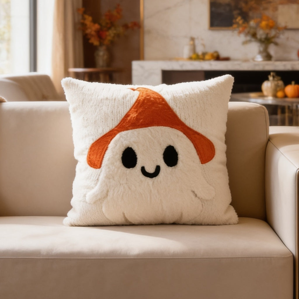 Smiling ghost cushion in white fleece on a pale couch with fall flowers behind