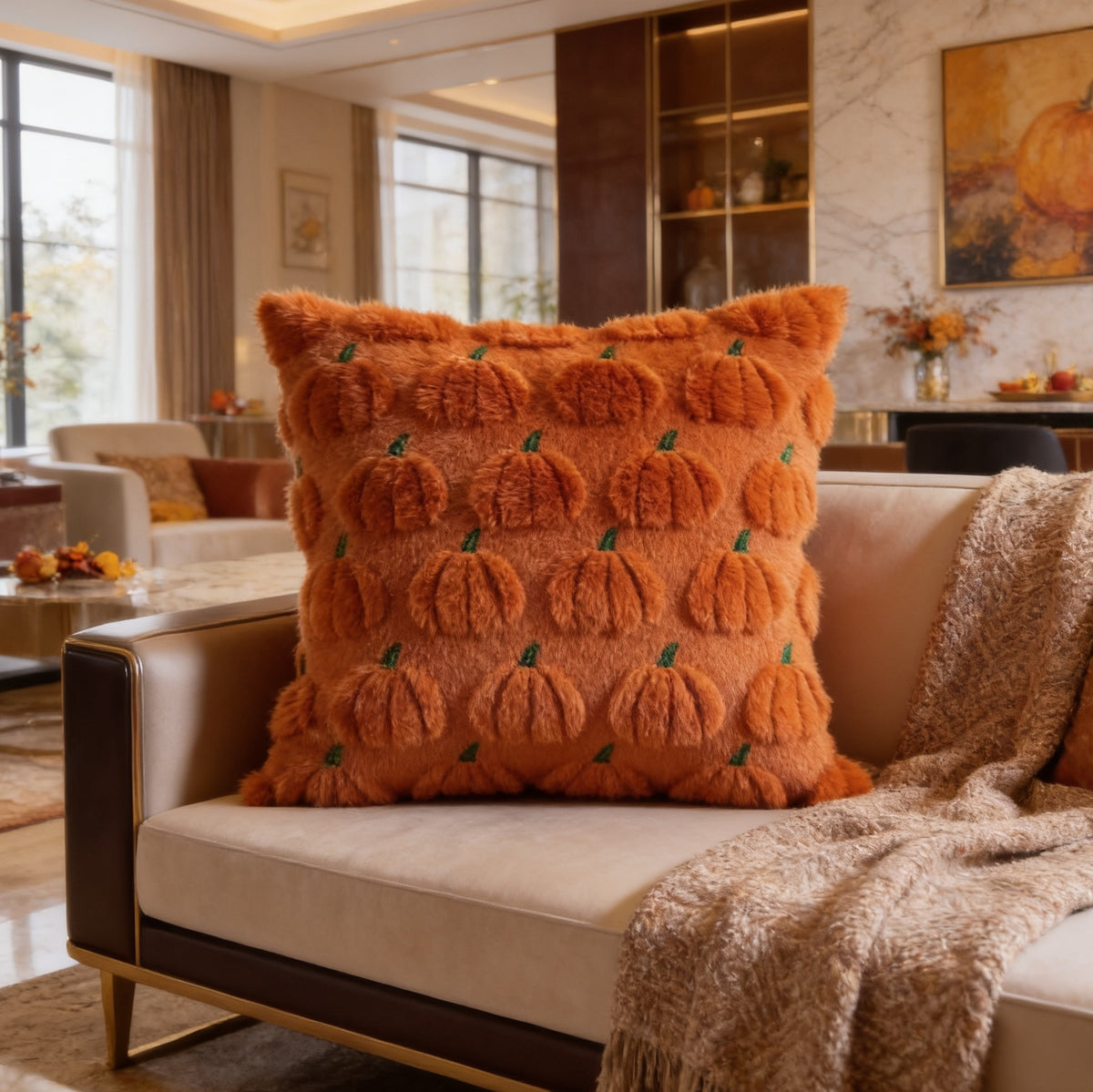 Rows of raised pumpkins on an orange cushion set against a bright window in a living room