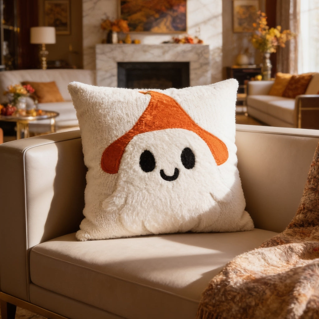 White ghost cushion with an orange cap and stitched smile resting on a cream sofa