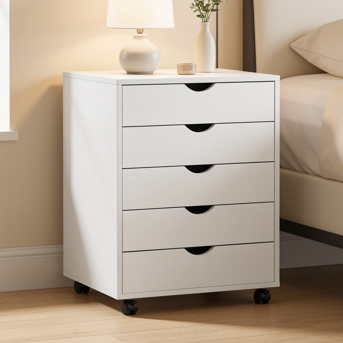 Rolling five drawer nightstand