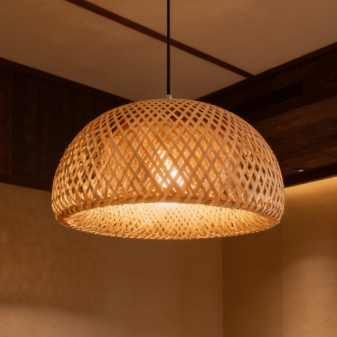 Woven bamboo dome pendant light