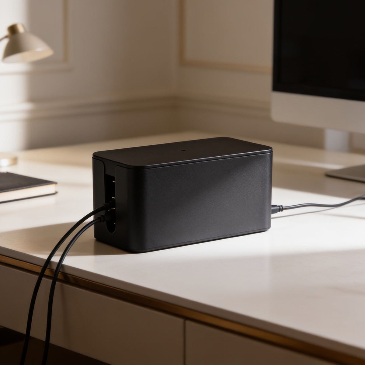 Black cable box on a wood desk edge with cords looping down toward the floor