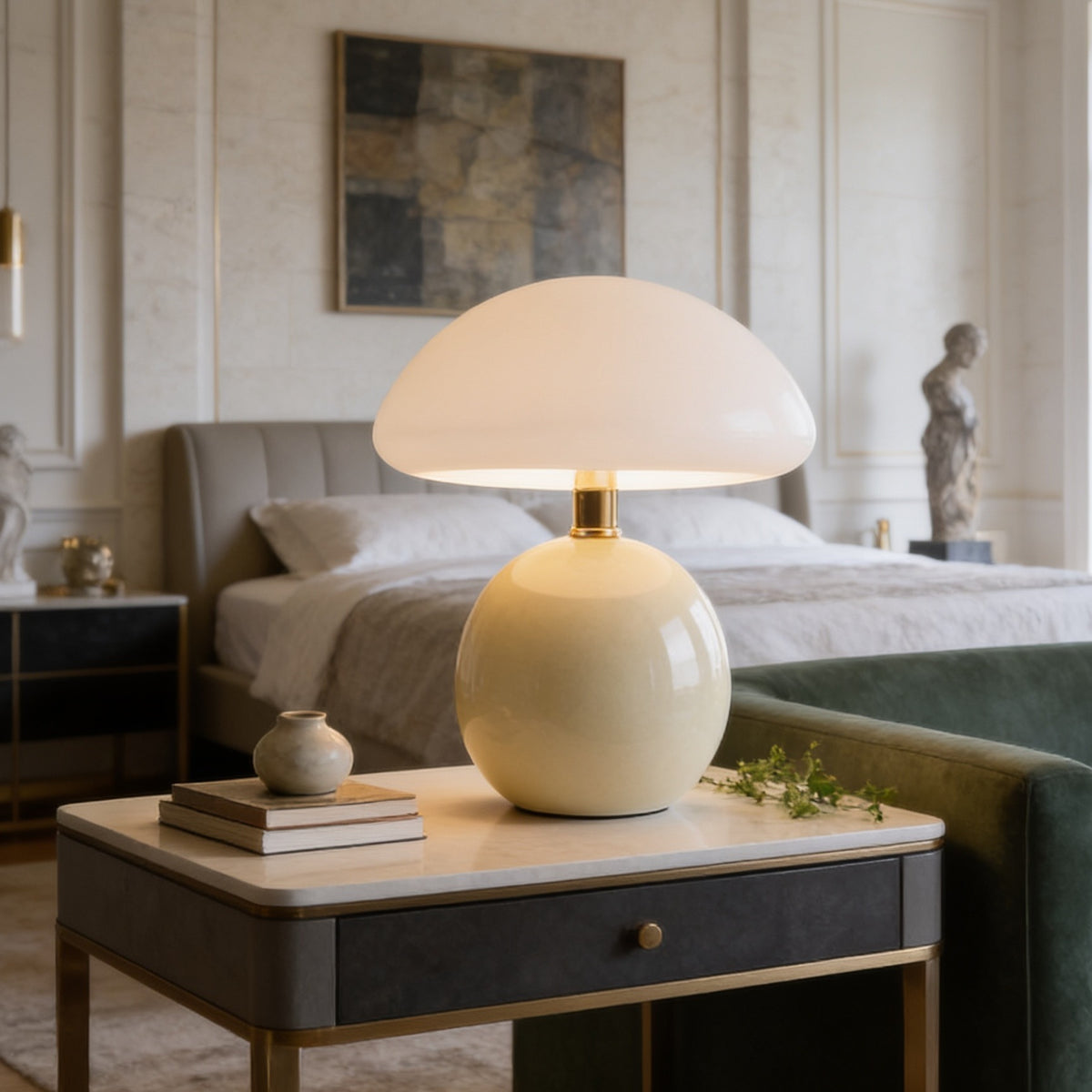 Pale yellow mushroom lamp glowing on a dark wood nightstand next to a bed