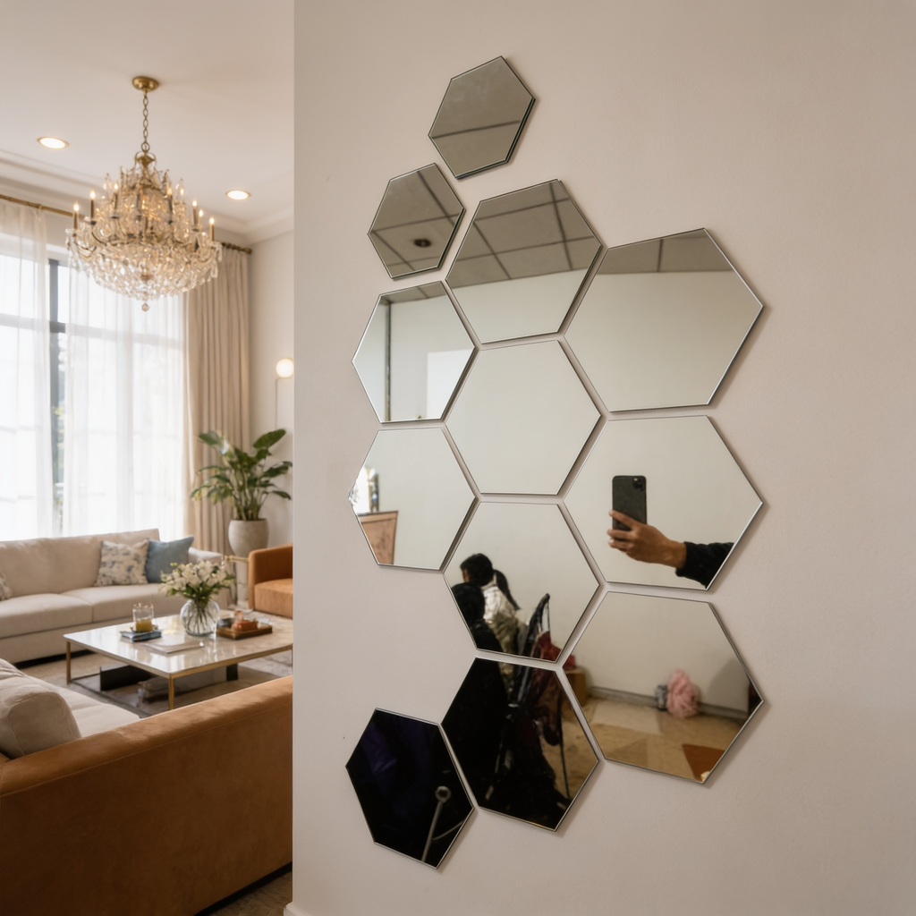 Cluster of hexagon mirror tiles on a living room wall