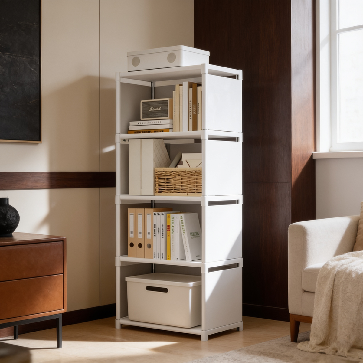 Slim white shelving unit standing beside a dresser and armchair in a warm room