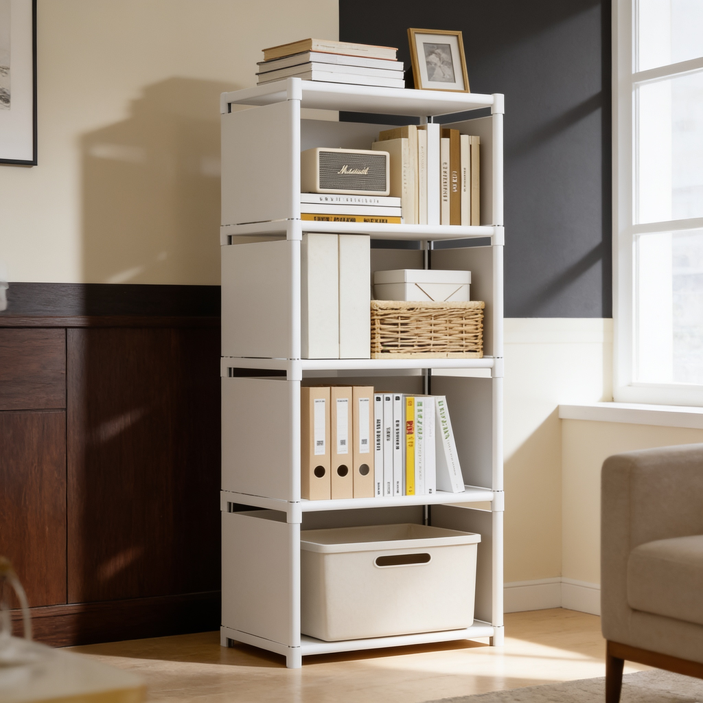 White four tier open shelf filled with books, files and a woven basket by a wood wall