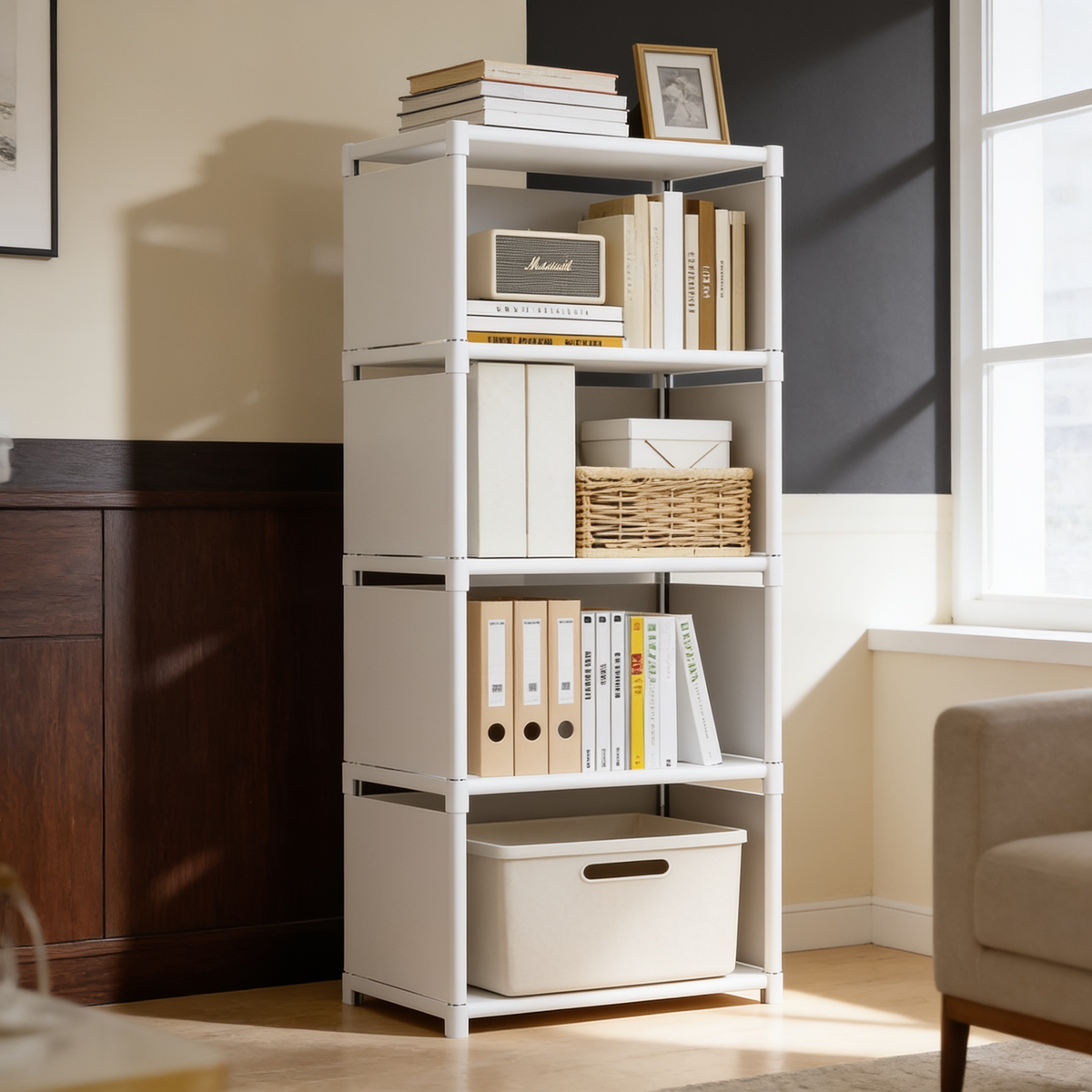 White four tier open shelf filled with books, files and a woven basket by a wood wall