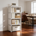 Fabric shelving unit in a hallway with a dining room and wood floor behind