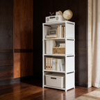 Loaded white shelf unit standing against a dark wood cabinet with books and bins