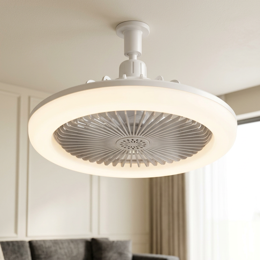 White ceiling fan light with a lit ring above a living room sofa