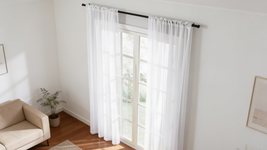 Sheer white curtains at a window in a white room with a sofa and plants