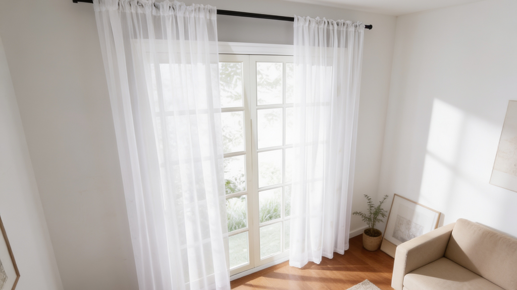 Sheer white curtains at a corner window in a sunlit sitting room