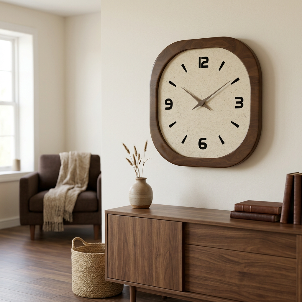 Wood framed wall clock above a sideboard beside a woven basket and armchair