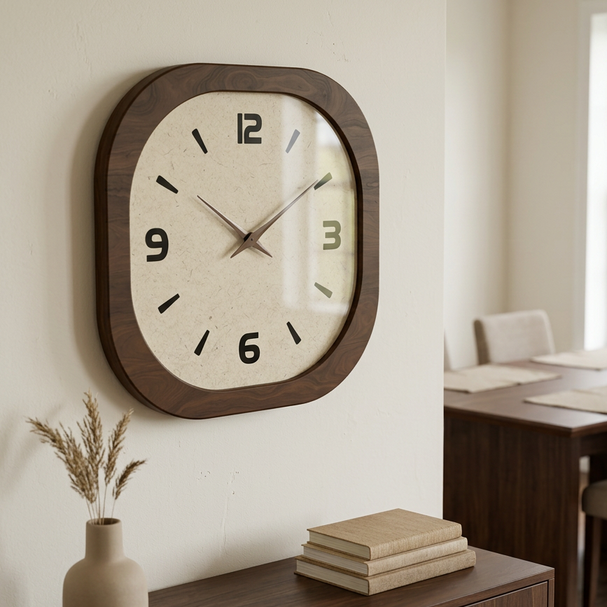 Rounded square wall clock with a cream face hung above a console of dried grass