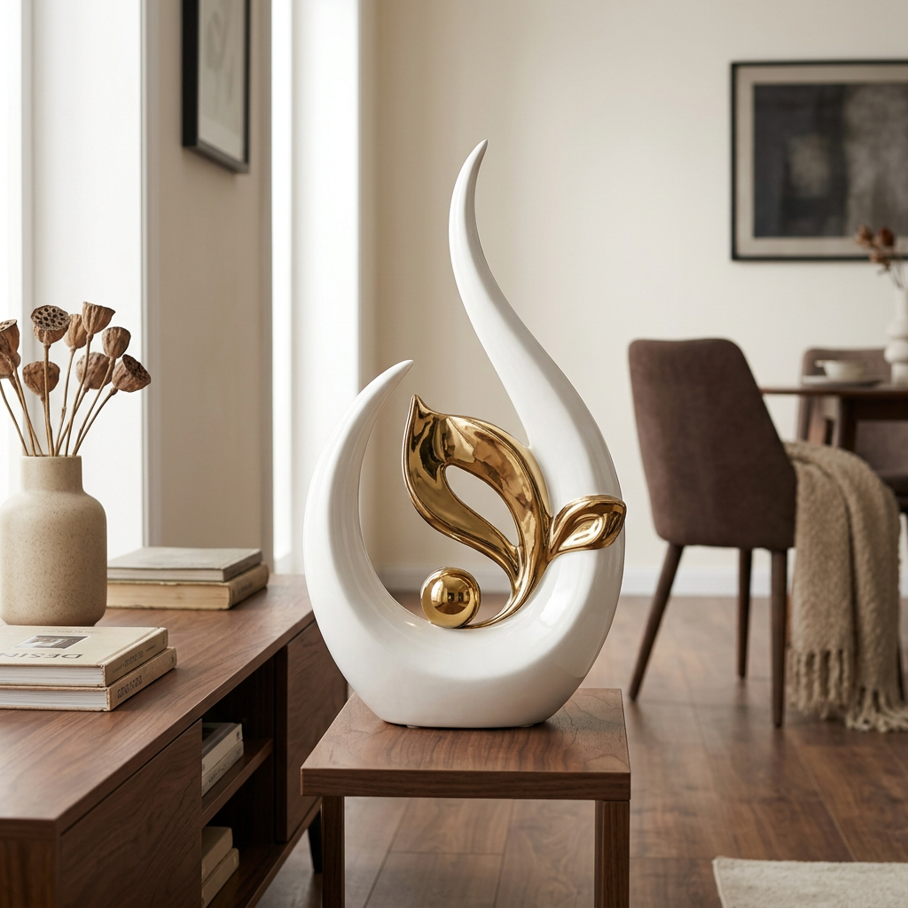 Curved white ceramic statue with gold leaf on a dark console beside dried stems