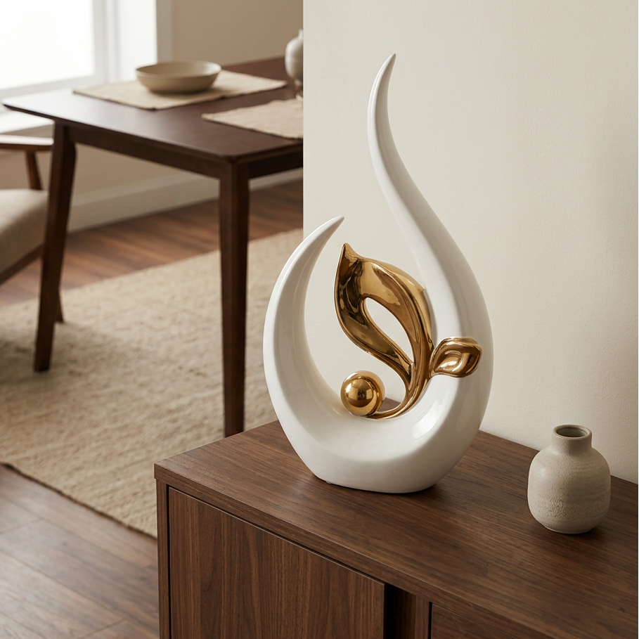 White crescent sculpture with a polished gold leaf resting on a walnut sideboard