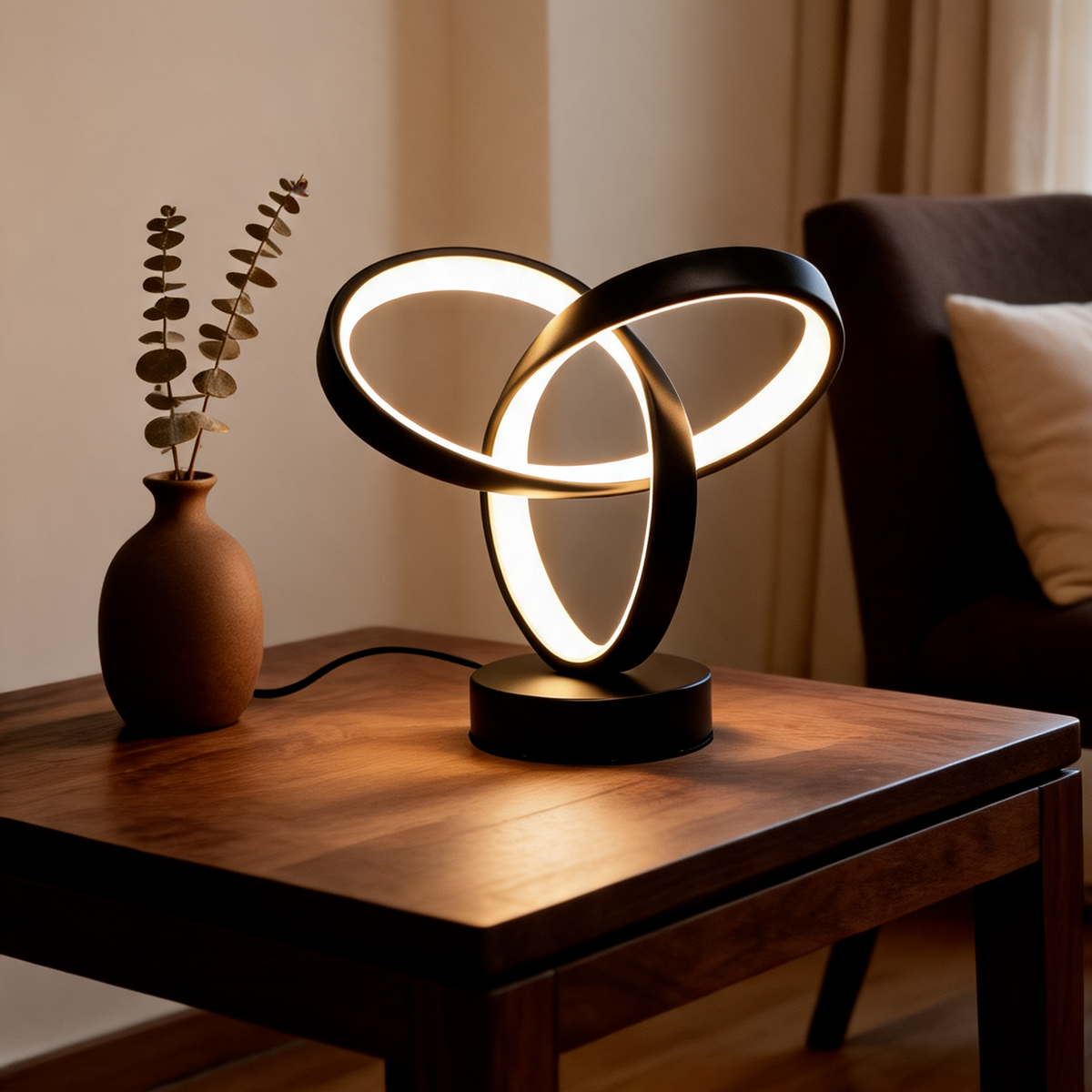 Looped knot lamp on a dark wood table beside a small vase of dried stems