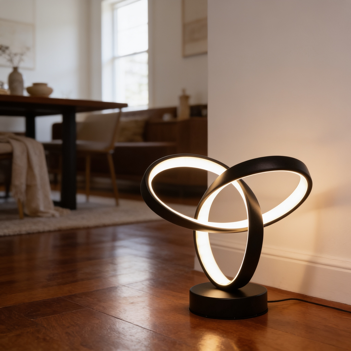 Warm lit knot lamp close on a wood table in a softly lit dining room