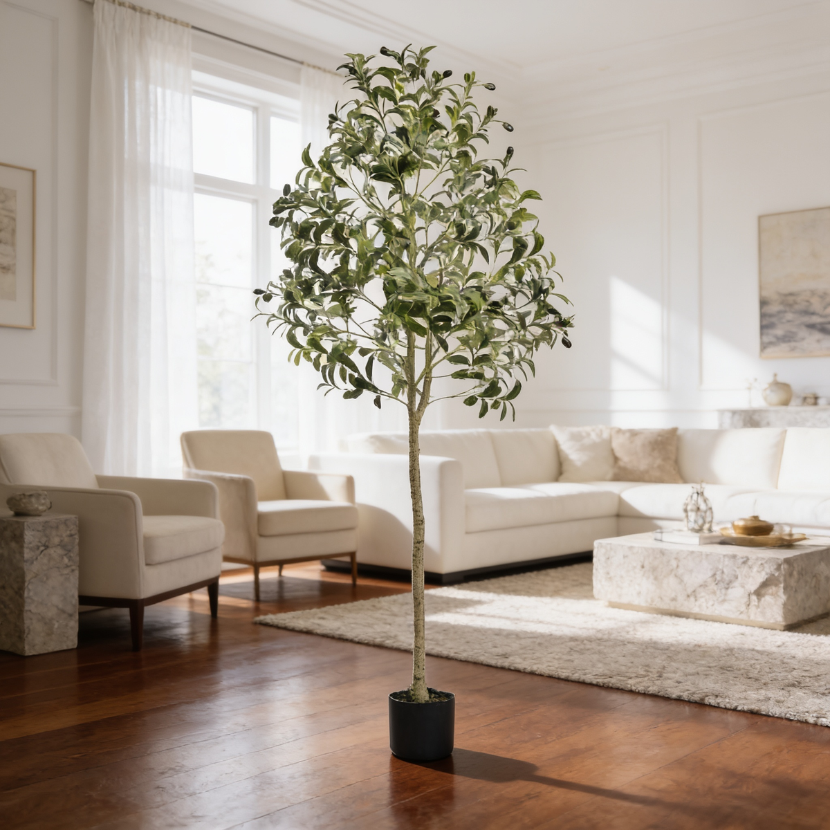 Potted faux tree standing on a rug between armchairs and a low coffee table