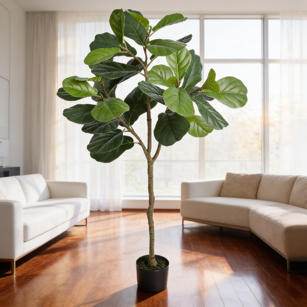 Potted fiddle leaf tree between two white sofas beside a tall window