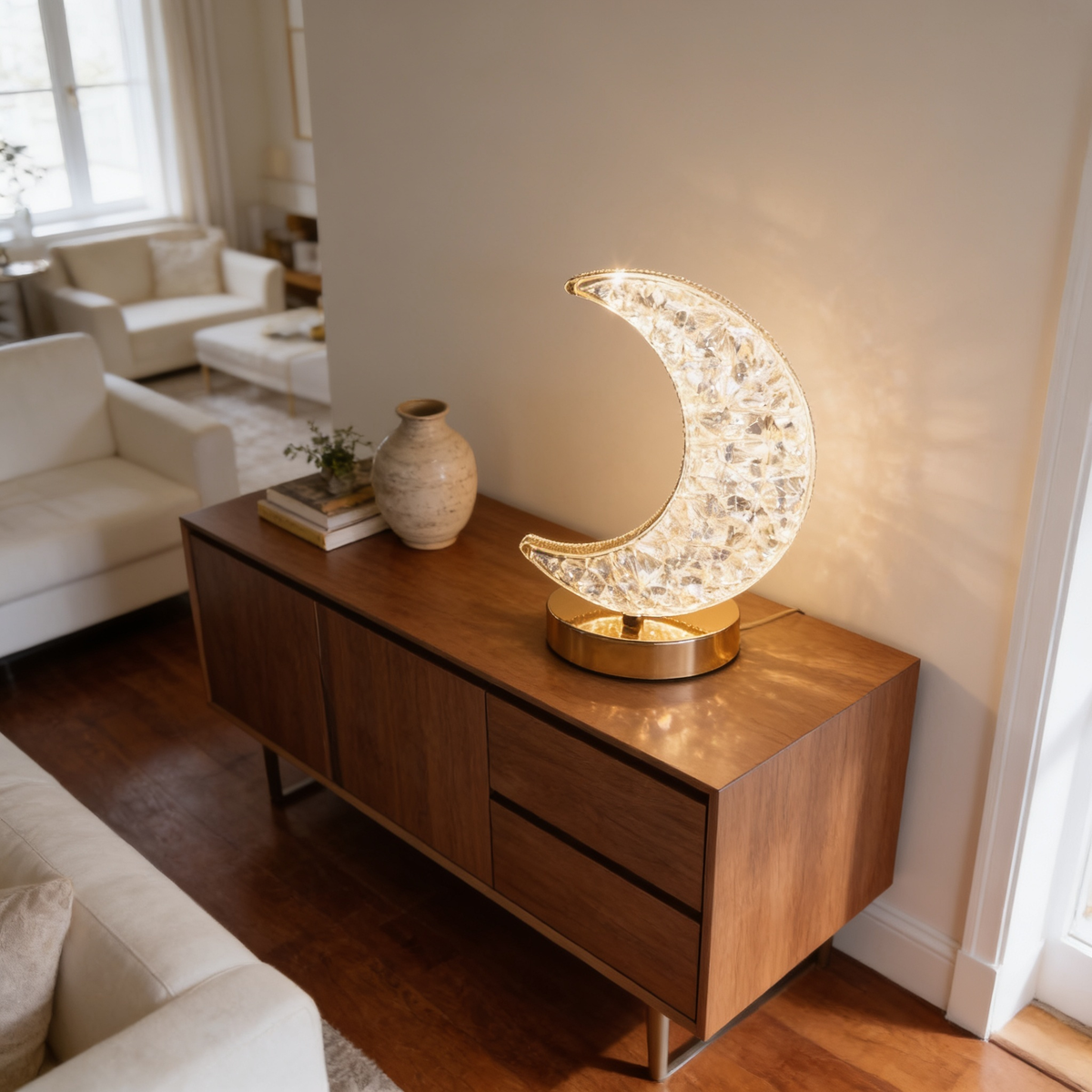 Moon shaped night light glowing on a sideboard in a bright living room