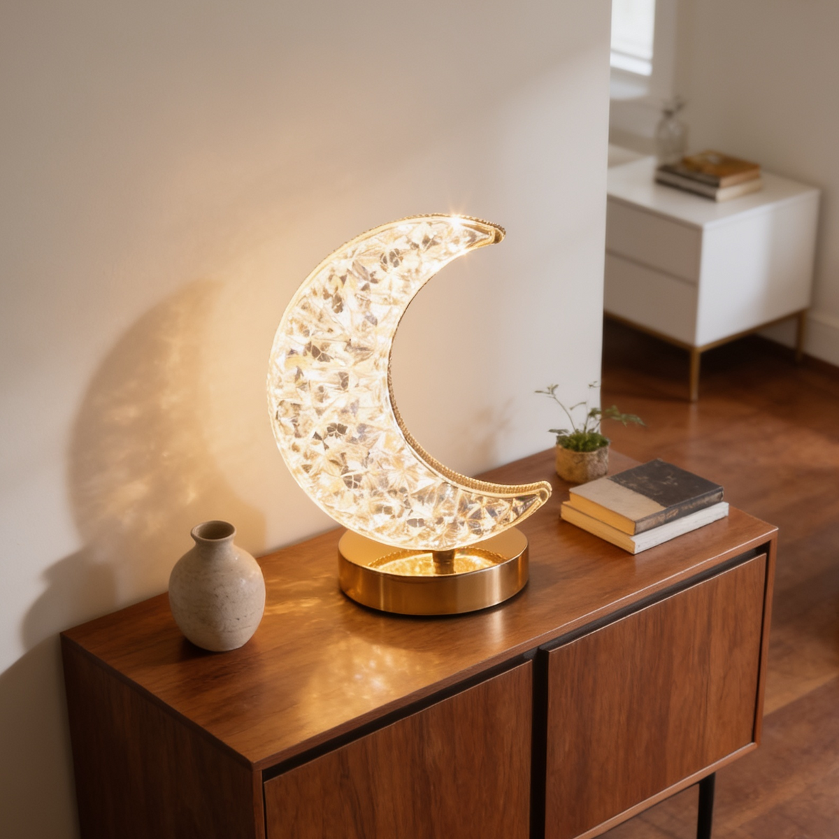 Crystal crescent moon lamp lit on a wood sideboard beside a vase and books