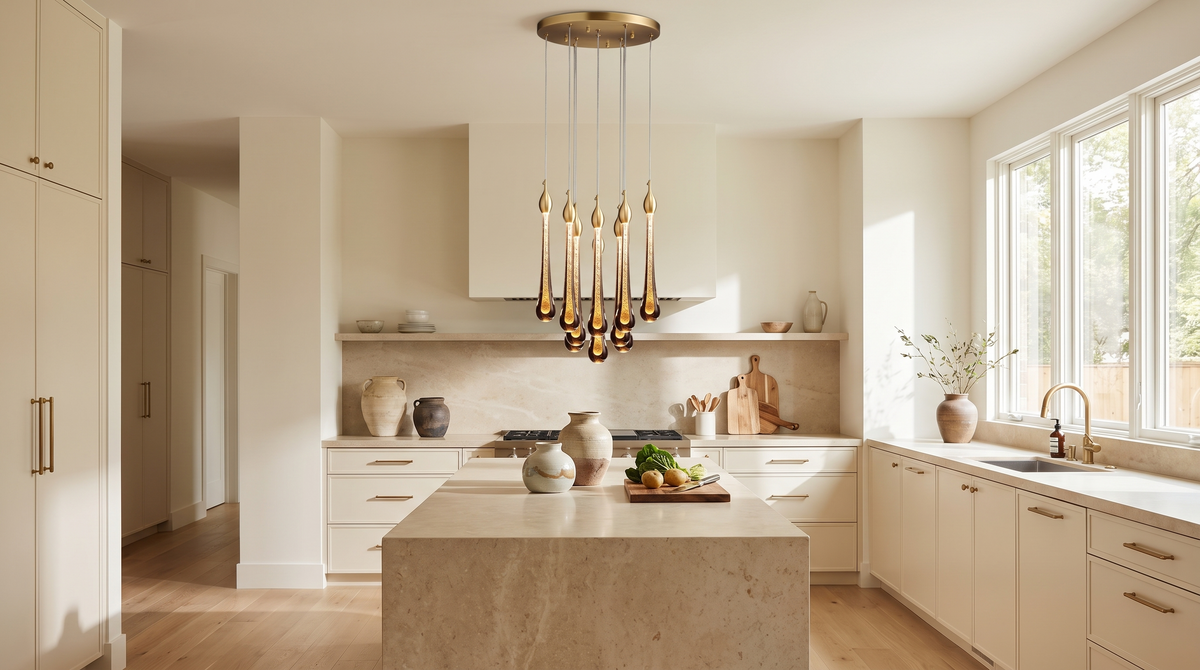 Teardrop crystal pendant light above a kitchen island