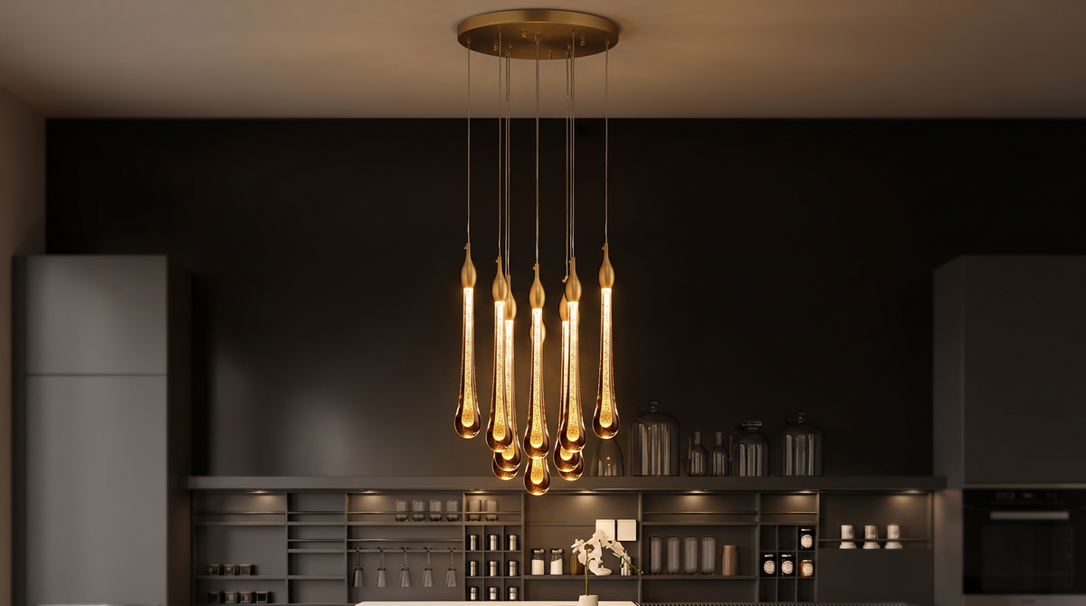 Teardrop pendant light lit in an evening room