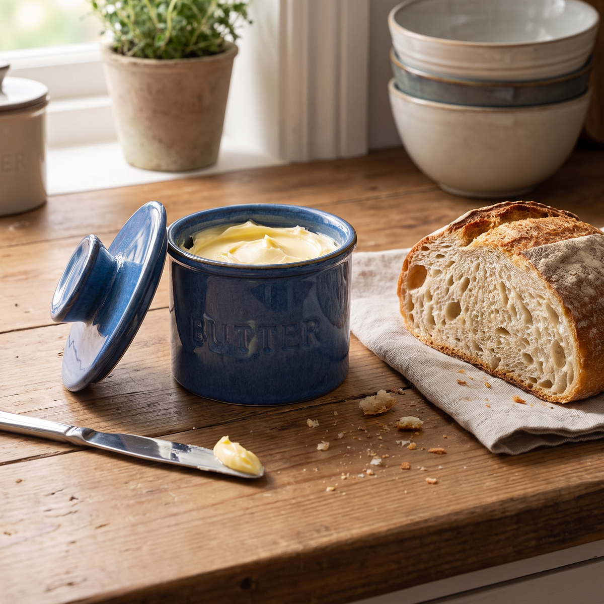 Butter dish with the lid ajar beside bread and a knife