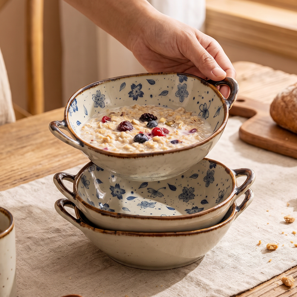 Hands lifting two stacked floral noodle bowls above a wooden table