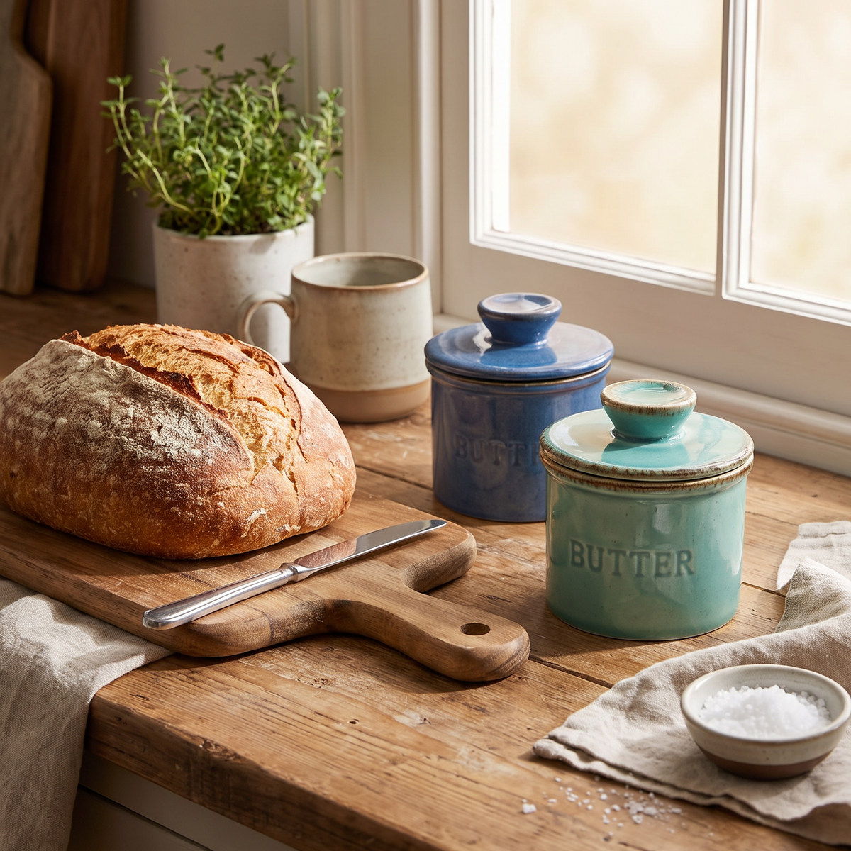 Ceramic butter dish left out on a kitchen counter