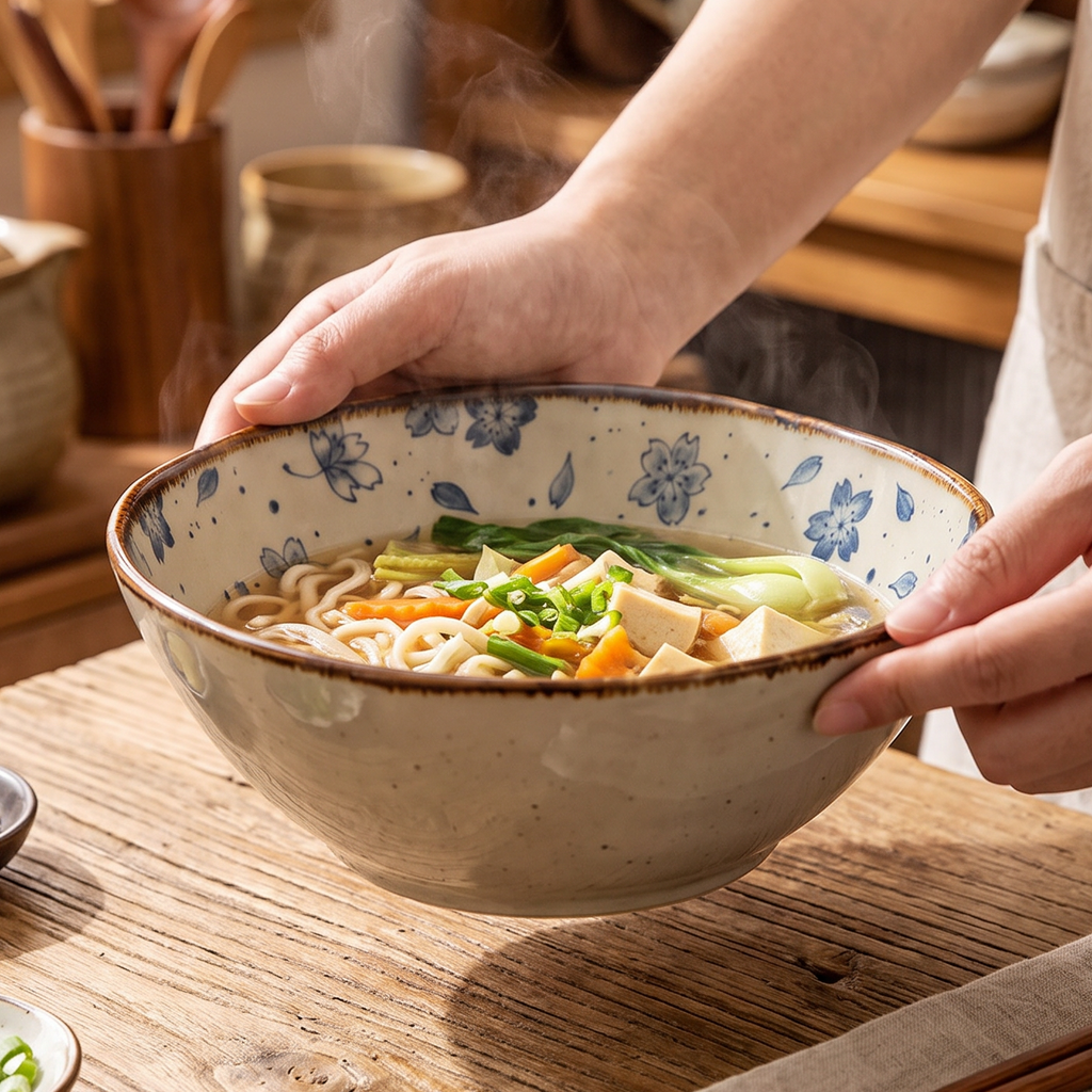 Hands carrying a floral bowl of noodle soup over a wooden table