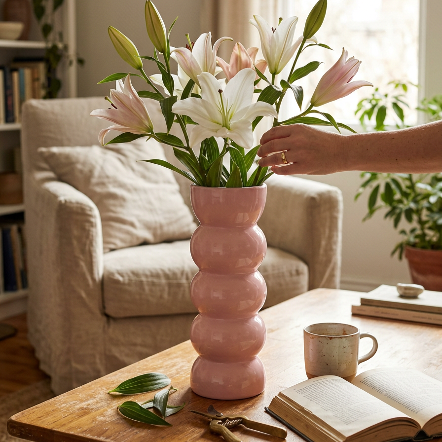 Pink ribbed vase of lilies on a table beside a cream armchair