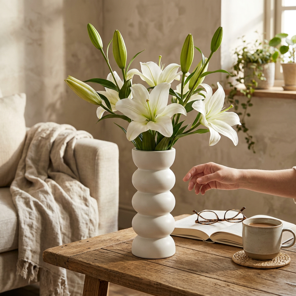 Cream ribbed ceramic vase of white lilies on a wooden living room table