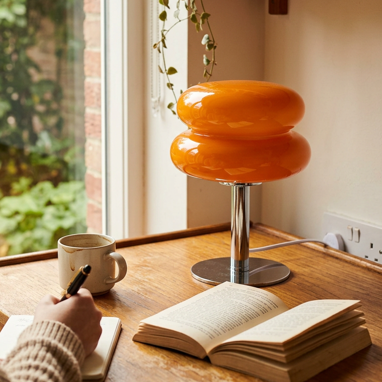 Amber glass lamp on a wood table by a window with a mug and an open book