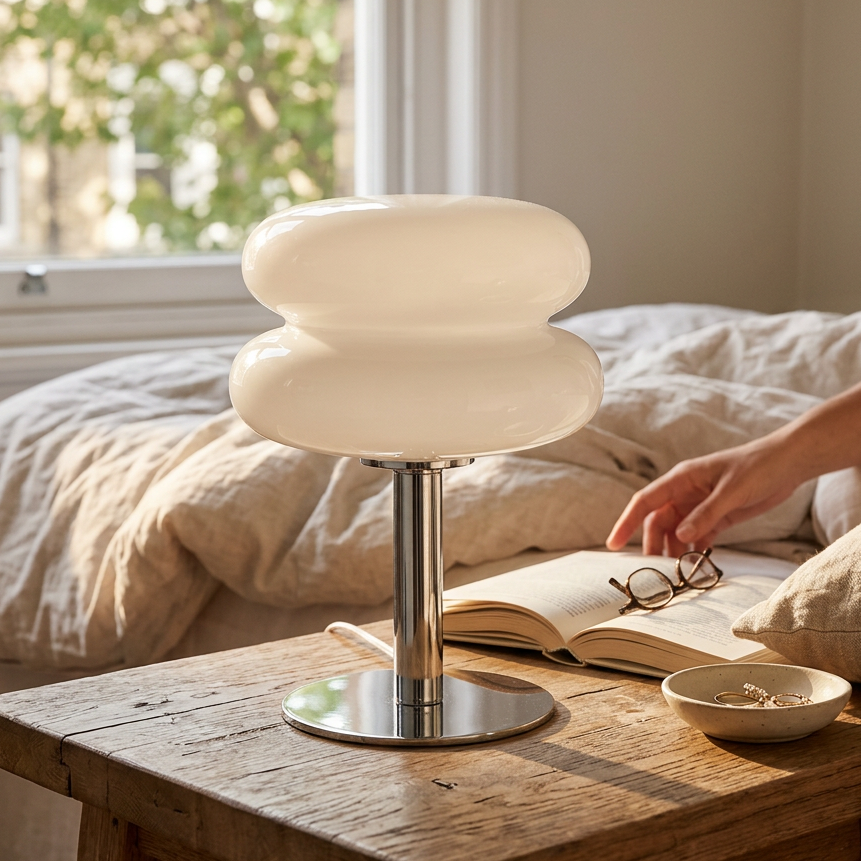 Cream stacked glass table lamp glowing on a bedside table beside an open book