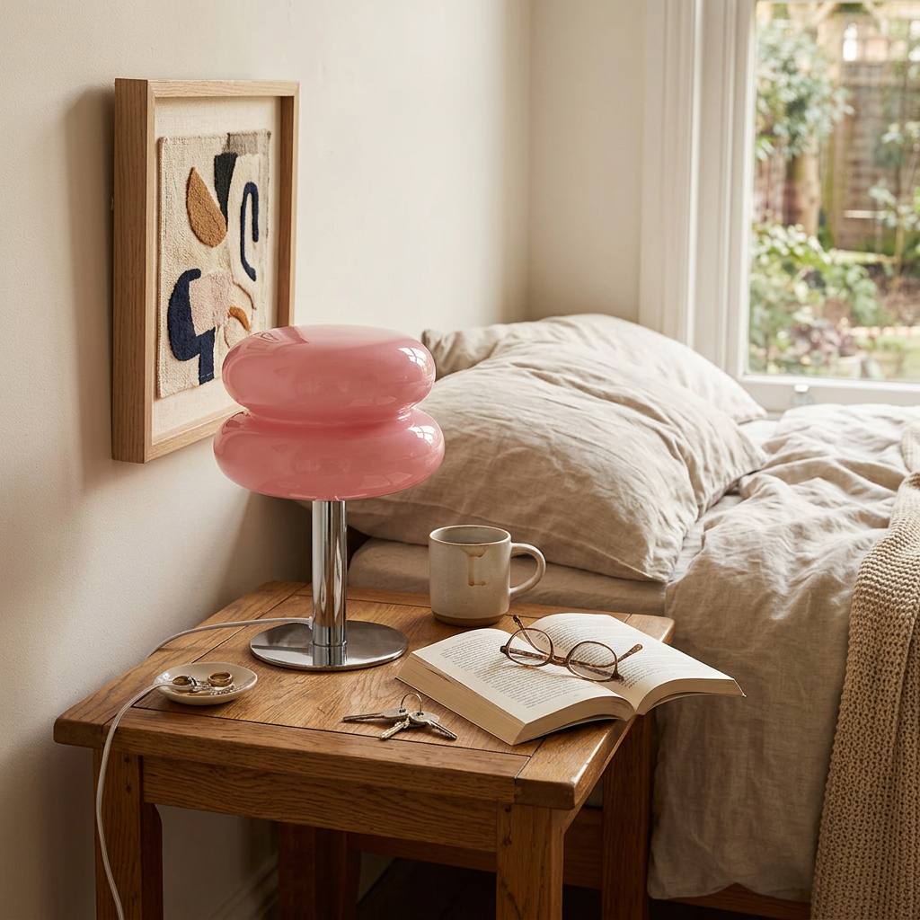 Pink macaron glass lamp on a wood nightstand next to a bed and reading glasses