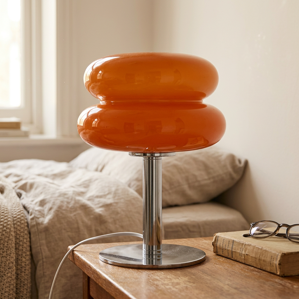 Orange stacked glass lamp on a bedside table with glasses resting on a book