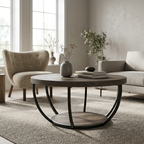 Round two tier coffee table with a black arc base beside an armchair