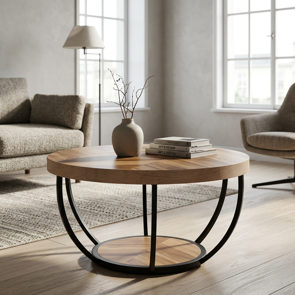Wood top round cocktail table on a woven rug with a vase and books