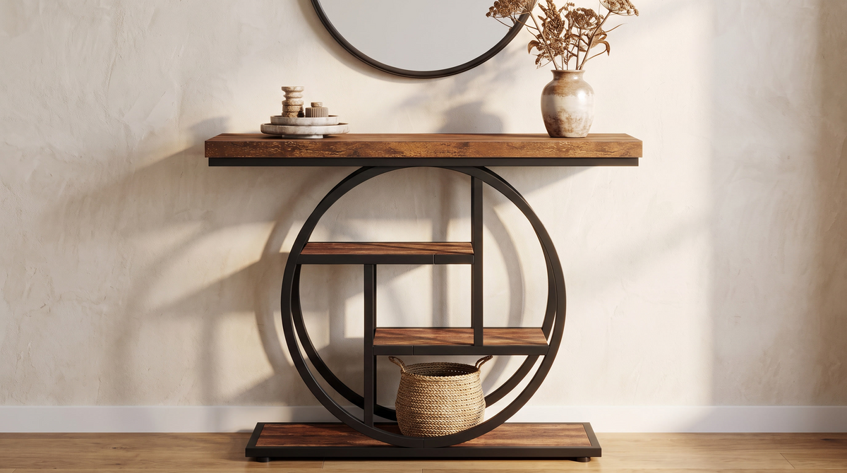 Four tier console table against a plaster entryway wall with a vase and mirror