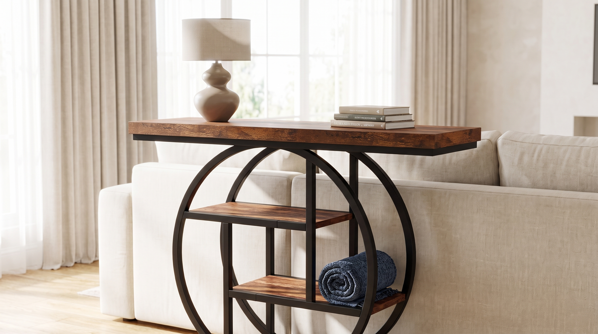 Four tier console table behind a linen sofa in bright daylight