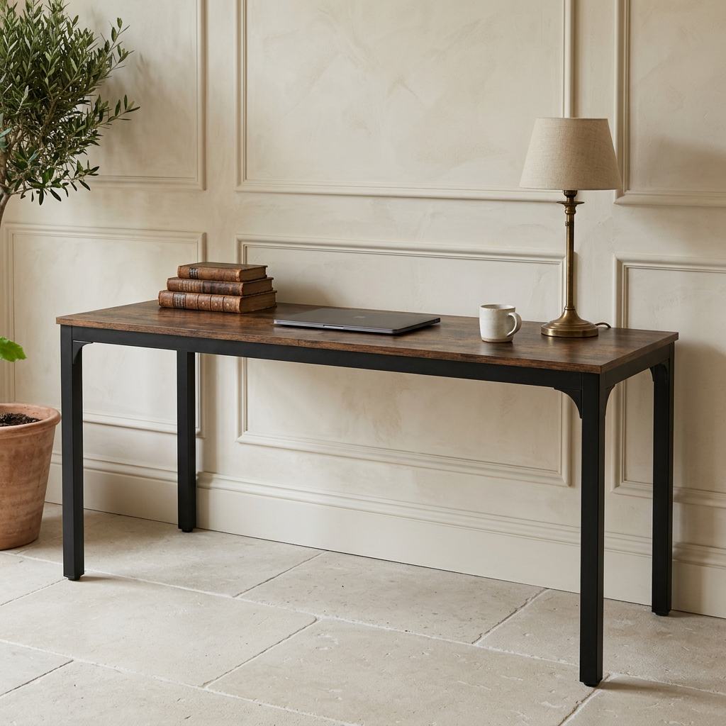 Wide double desk holding stacked books and a table lamp seen straight on